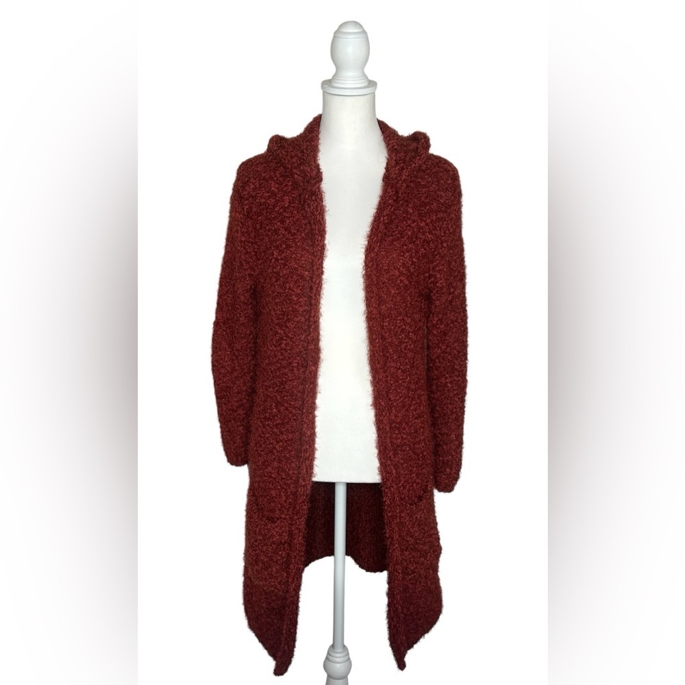 Poof Apparel Rust duster open front cardigan sz L with hood cozy sweater Y2K EUC